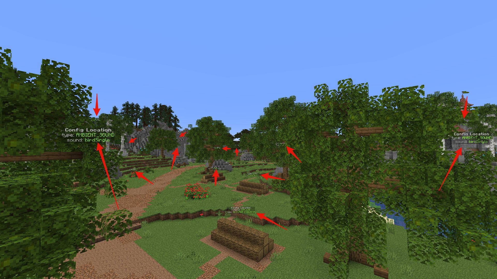 Many floating texts in Minecraft trees that represent configuration snippets.