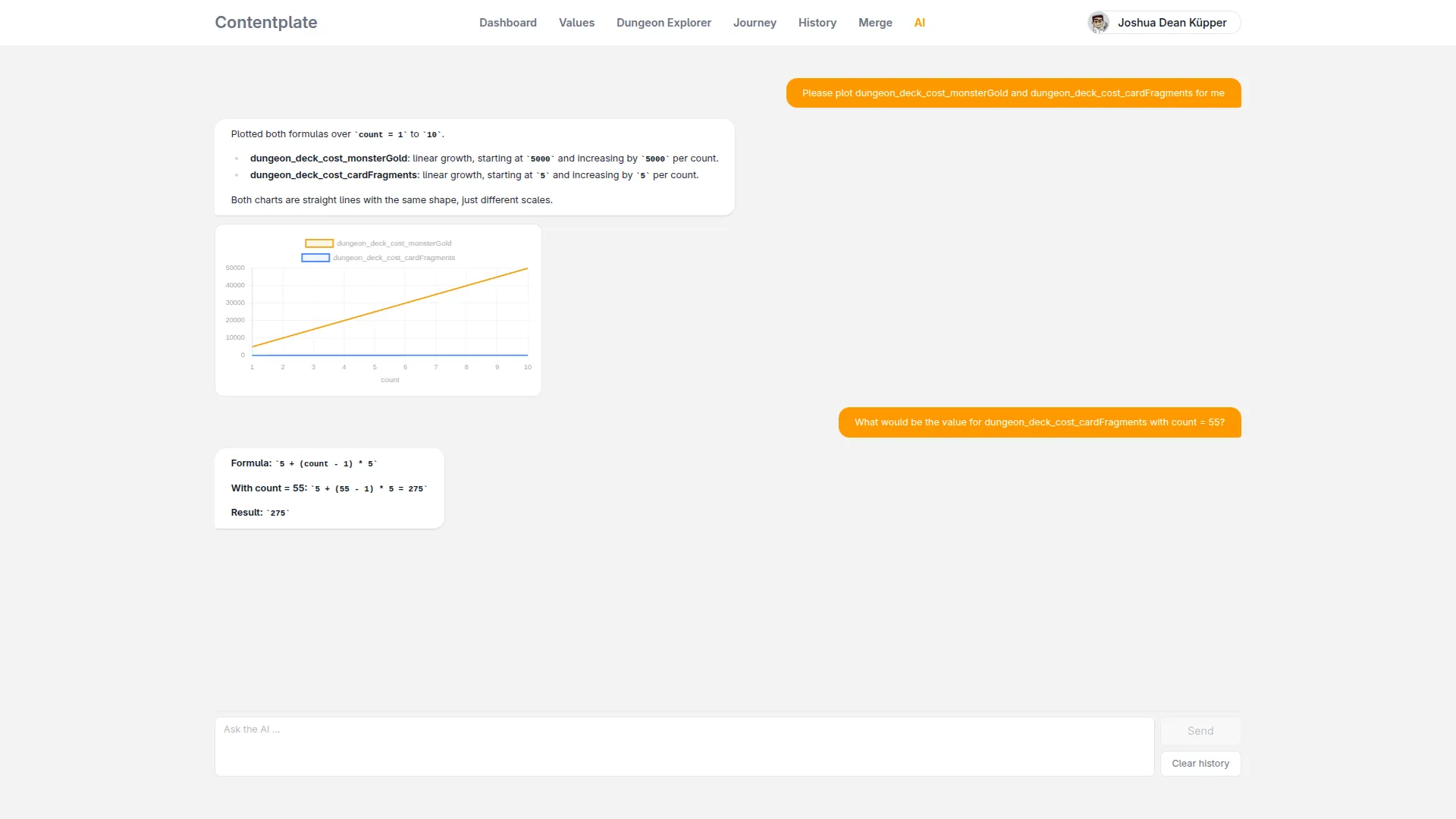 A conversation with the Contentplate assistant that responds with an interactive Chart.js plot of a value over its variables.