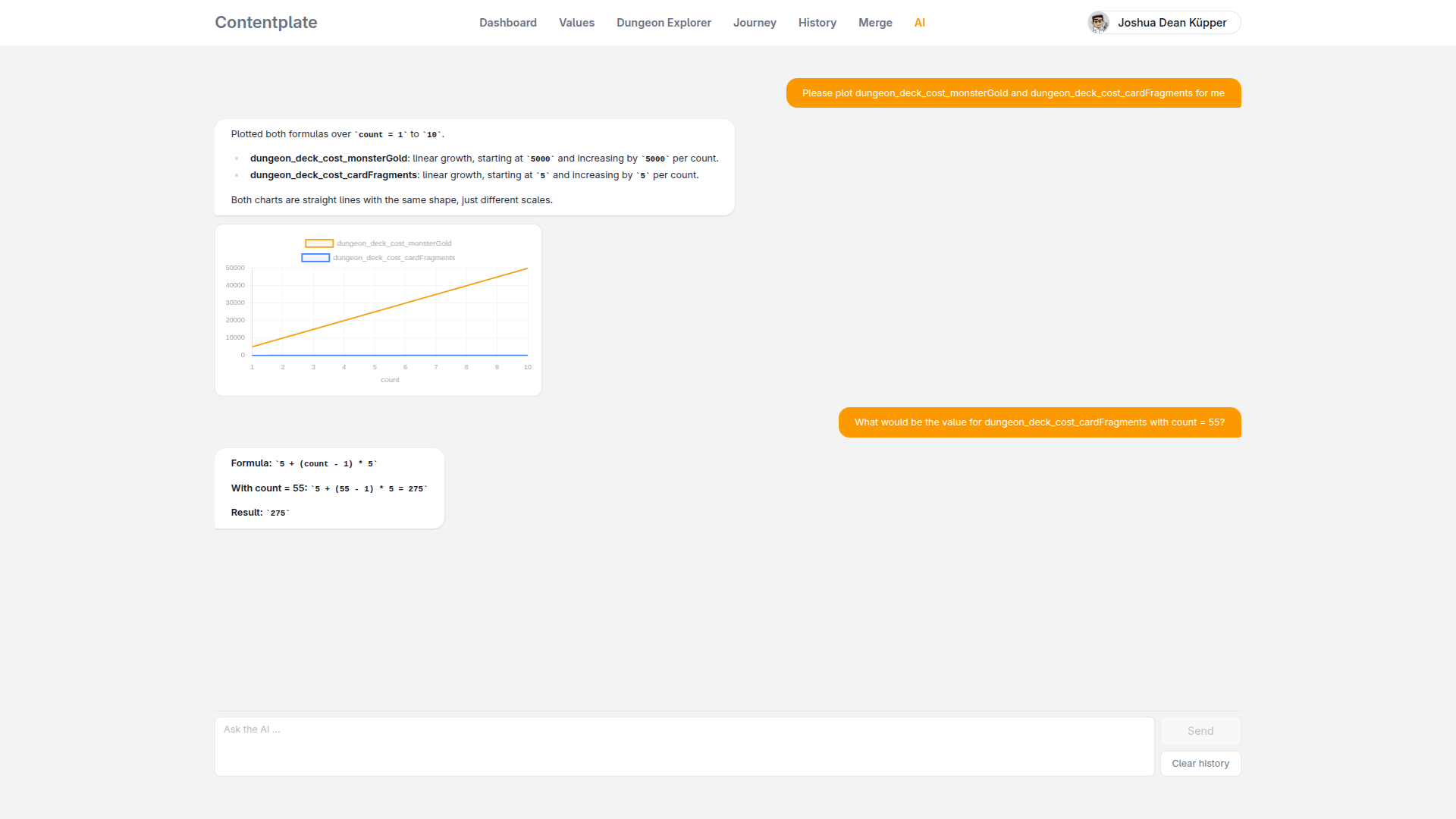 A conversation with the Contentplate assistant that responds with an interactive Chart.js plot of a value over its variables.