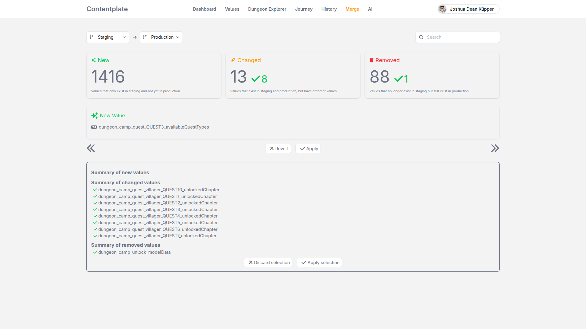 The Contentplate branch switcher next to a staging-versus-production diff of changed values.