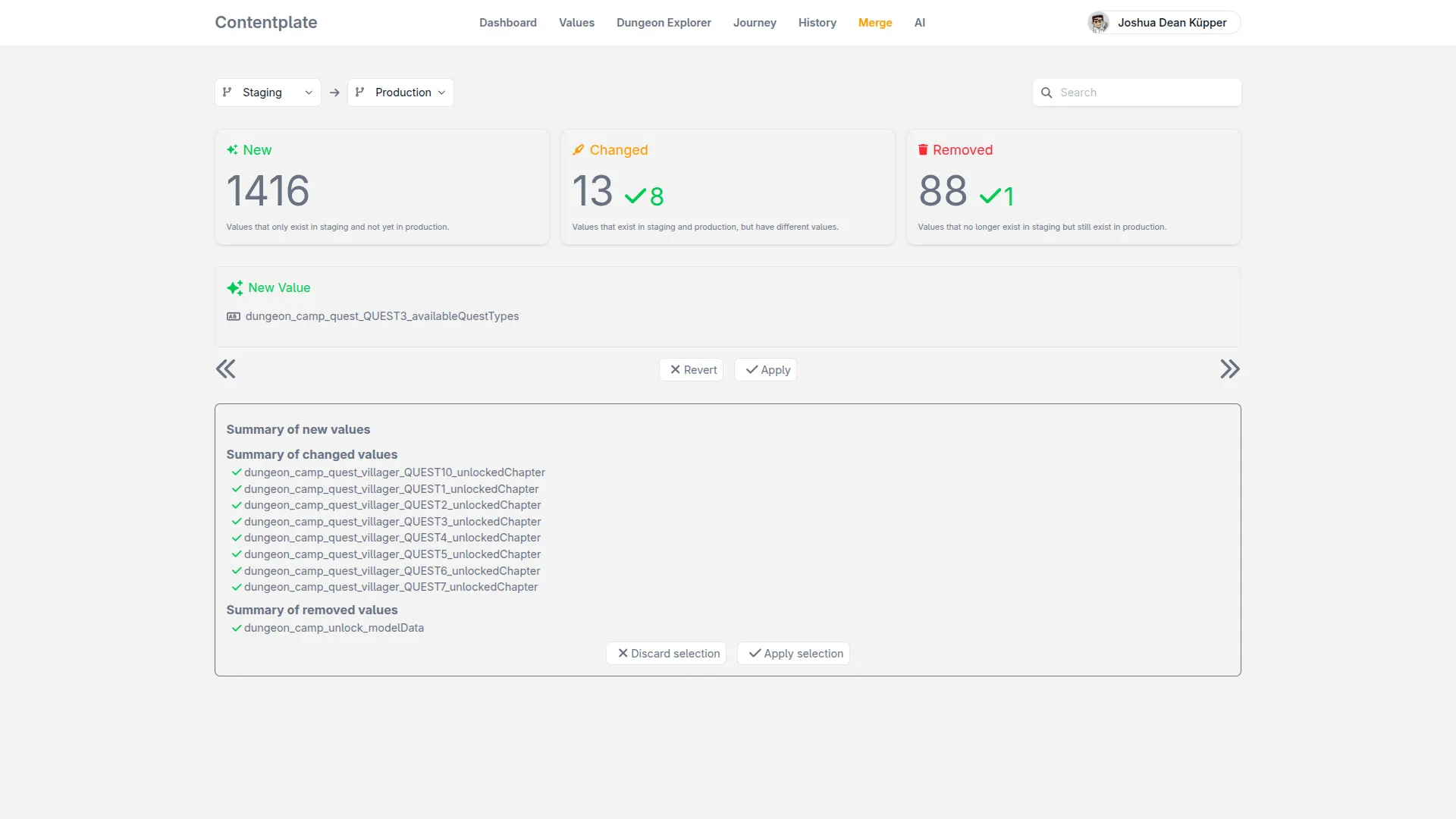 The Contentplate branch switcher next to a staging-versus-production diff of changed values.