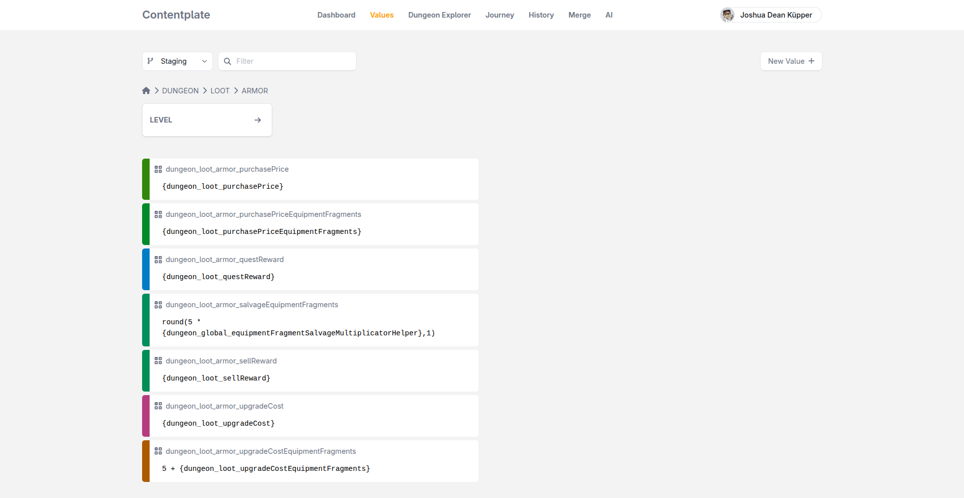 The Contentplate value browser with a folder tree built from underscore-delimited keys.